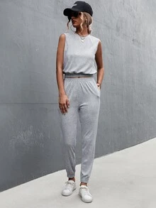 Solid Tank Top & Joggers - Light Grey - View 6