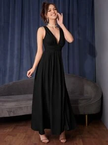 SHEIN Belle 無袖高衩褶邊洋裝 - 黑色 - 查看 6