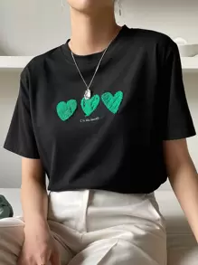 DAZY Letter & Heart Embroidery T-shirt - Black - View 1