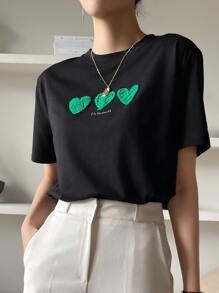 DAZY Letter & Heart Embroidery T-shirt - Black - View 2