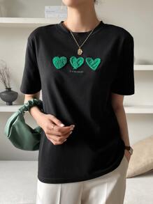 DAZY Letter & Heart Embroidery T-shirt - Black - View 3