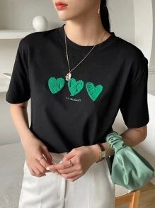 DAZY Letter & Heart Embroidery T-shirt - Black - View 4