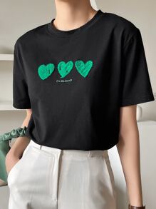 DAZY Letter & Heart Embroidery T-shirt - Black - View 7