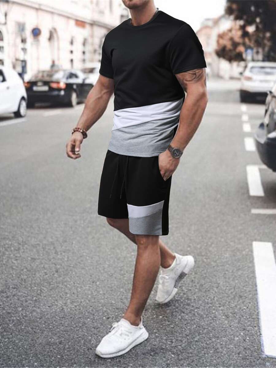 Manfinity Homme Men Colourblock Tee & Drawstring Waist Shorts - Multicolor - View 1