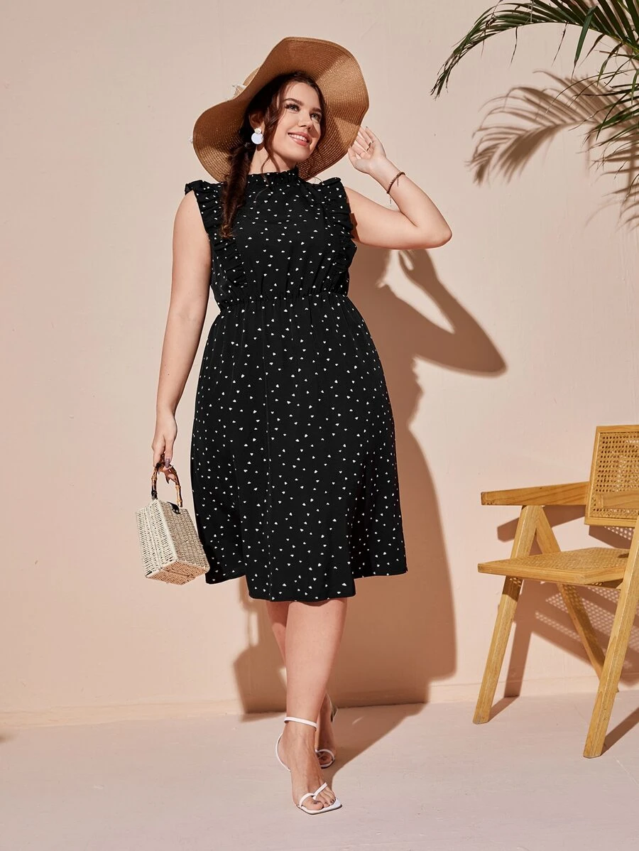 SHEIN VCAY Đầm Plus Size viền lá sen Xù Tim Tất cả trên in Boho - màu đen - Xem 1