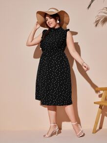 SHEIN VCAY Đầm Plus Size viền lá sen Xù Tim Tất cả trên in Boho - màu đen - Xem 4