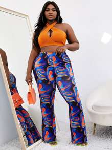 Slaydiva Plus Crisscross Halter Top & Graphic Print Flare Leg Pants Set - Multicolor - View 1