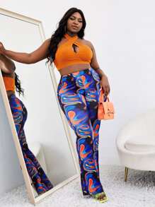 Slaydiva Plus Crisscross Halter Top & Graphic Print Flare Leg Pants Set - Multicolor - View 4