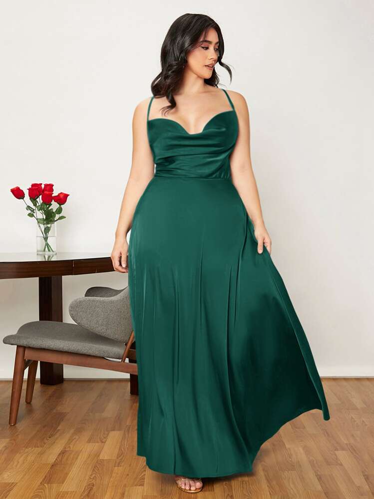 SHEIN Belle Plus Draped Lace Up Backless Satin Formal Bridesmaid Dress, Elegant Prom Evening Wedding Guest Gown, For Graduation, Dinner, Party Dress, For Valentine's Day - Dark Green - View 1