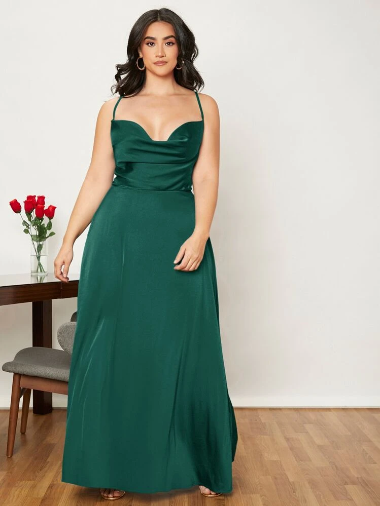 SHEIN Belle Plus Draped Lace Up Backless Satin Formal Bridesmaid Dress, Elegant Prom Evening Wedding Guest Gown, For Graduation, Dinner, Party Dress, For Valentine's Day - Dark Green - View 4