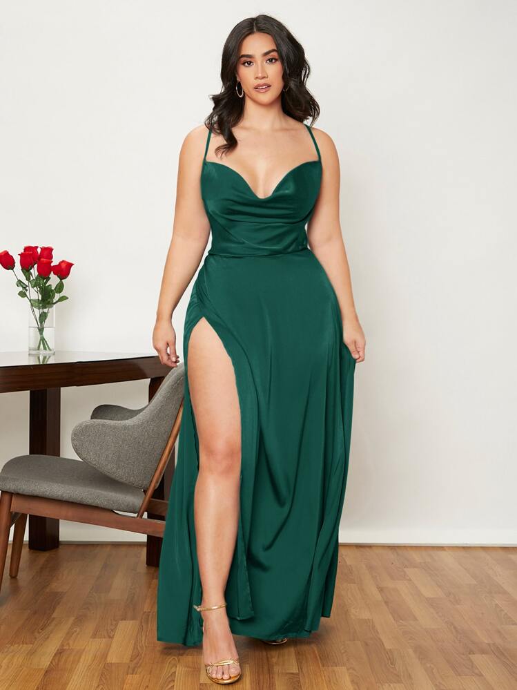 SHEIN Belle Plus Draped Lace Up Backless Satin Formal Bridesmaid Dress, Elegant Prom Evening Wedding Guest Gown, For Graduation, Dinner, Party Dress, For Valentine's Day - Dark Green - View 6