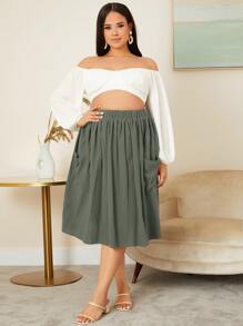 SHEIN LUNE Váy Plus Size Xếp li Túi màu trơn Giải trí - xanh quân đội - Xem 3