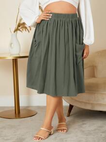SHEIN LUNE Váy Plus Size Xếp li Túi màu trơn Giải trí - xanh quân đội - Xem 4