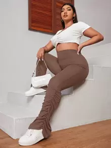 SHEIN SXY Pantalones unicolor bajo con fruncido - Café integral - Ver 1