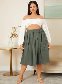 SHEIN LUNE Váy Plus Size Xếp li Túi màu trơn Giải trí - xanh quân đội - Xem 5