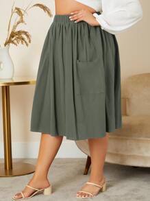 SHEIN LUNE Váy Plus Size Xếp li Túi màu trơn Giải trí - xanh quân đội - Xem 6