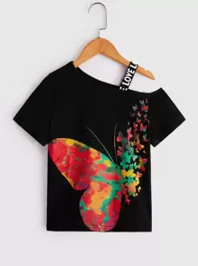 SHEIN Tween Girl Butterfly Print Asymmetrical Neck Letter Tape Tee - Black - View 1