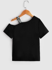 SHEIN Tween Girl Butterfly Print Asymmetrical Neck Letter Tape Tee - Black - View 2