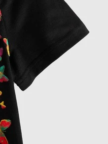 SHEIN Tween Girl Butterfly Print Asymmetrical Neck Letter Tape Tee - Black - View 4