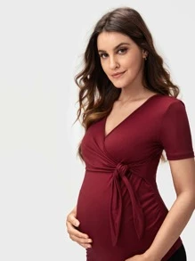 SHEIN 孕婦側收褶哺乳T恤 - 酒紅色 - 查看 4