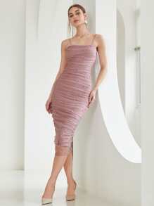 SHEIN Privé Pearls Beaded Ruched Side Mesh Cami Bodycon Dress Workwear - Dusty Pink - View 2