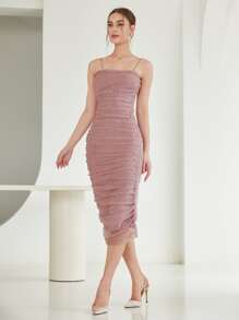 SHEIN Privé Pearls Beaded Ruched Side Mesh Cami Bodycon Dress Workwear - Dusty Pink - View 5