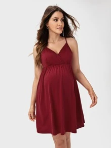 SHEIN Maternity Solid Flared Hem Slip Dress - Maroon - View 1