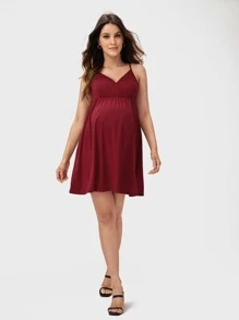 SHEIN Maternity Solid Flared Hem Slip Dress - Maroon - View 5