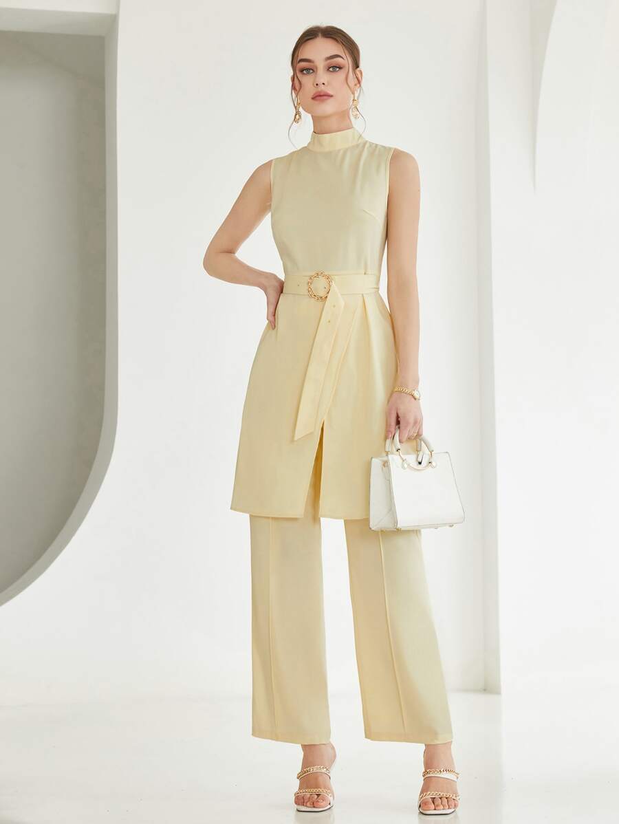 BizChic 小高領圍裹下擺搭扣腰帶上衣和闊腿褲 - 黃色 - 查看 1