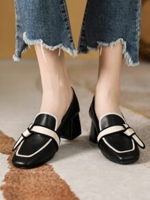 Two Tone Knot Decor Chunky Heeled Loafers - Black - View 2