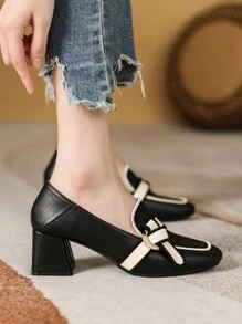 Two Tone Knot Decor Chunky Heeled Loafers - Black - View 4