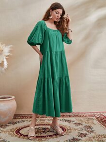 Mulvari Đầm Viên lá sen màu trơn Dễ thương - màu xanh lá - Xem 4