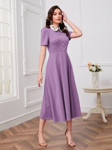 Modelyn 花卉刺繡拼接領連衣裙 - 紫丁香色 - 查看 4