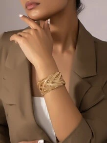 1只迷人的簡約時尚金屬幾何形狀開口手鐲,適合女性 - 金黃色 - 查看 12