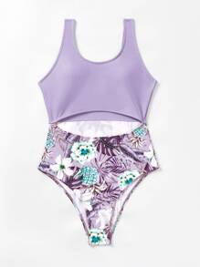 SHEIN Swim Summer Beach Random Tropical Print Cut Out One Piece Swimsuit - Multicolor - View 3