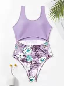 SHEIN Swim Summer Beach Random Tropical Print Cut Out One Piece Swimsuit - Multicolor - View 6