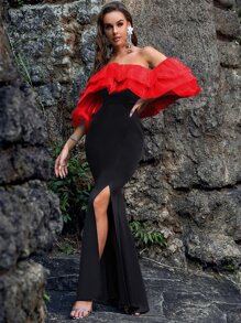 YISIKADO Off Shoulder Gathered Sleeve Two Tone Dress - Black - View 1