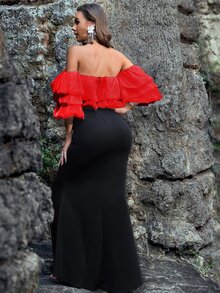 YISIKADO Off Shoulder Gathered Sleeve Two Tone Dress - Black - View 2