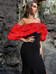 YISIKADO Off Shoulder Gathered Sleeve Two Tone Dress - Black - View 3