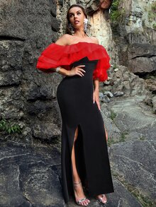 YISIKADO Off Shoulder Gathered Sleeve Two Tone Dress - Black - View 6