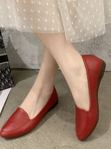 秋季复古红色尖头低帮女鞋温柔休闲优雅软底平底奶奶鞋上班通勤女鞋日常穿着 - 紅色 - 查看 1