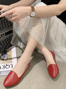 秋季复古红色尖头低帮女鞋温柔休闲优雅软底平底奶奶鞋上班通勤女鞋日常穿着 - 紅色 - 查看 2