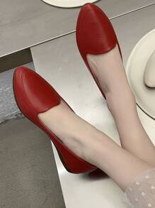 秋季复古红色尖头低帮女鞋温柔休闲优雅软底平底奶奶鞋上班通勤女鞋日常穿着 - 紅色 - 查看 3