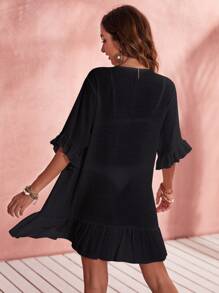 SHEIN Swim Kimono con mangas con volantes y dobladillo con volantes, para el verano y las vacaciones en la playa - Negro - Ver 2