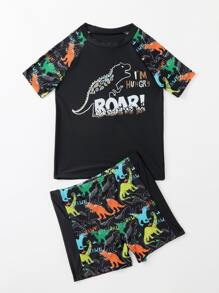 Boys Slogan & Dinosaur Print Raglan Sleeve Swimsuit - Black - View 1