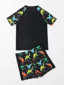 Boys Slogan & Dinosaur Print Raglan Sleeve Swimsuit - Black - View 2