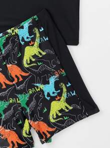 Boys Slogan & Dinosaur Print Raglan Sleeve Swimsuit - Black - View 4