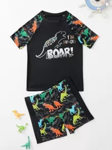Boys Slogan & Dinosaur Print Raglan Sleeve Swimsuit - Black - View 5