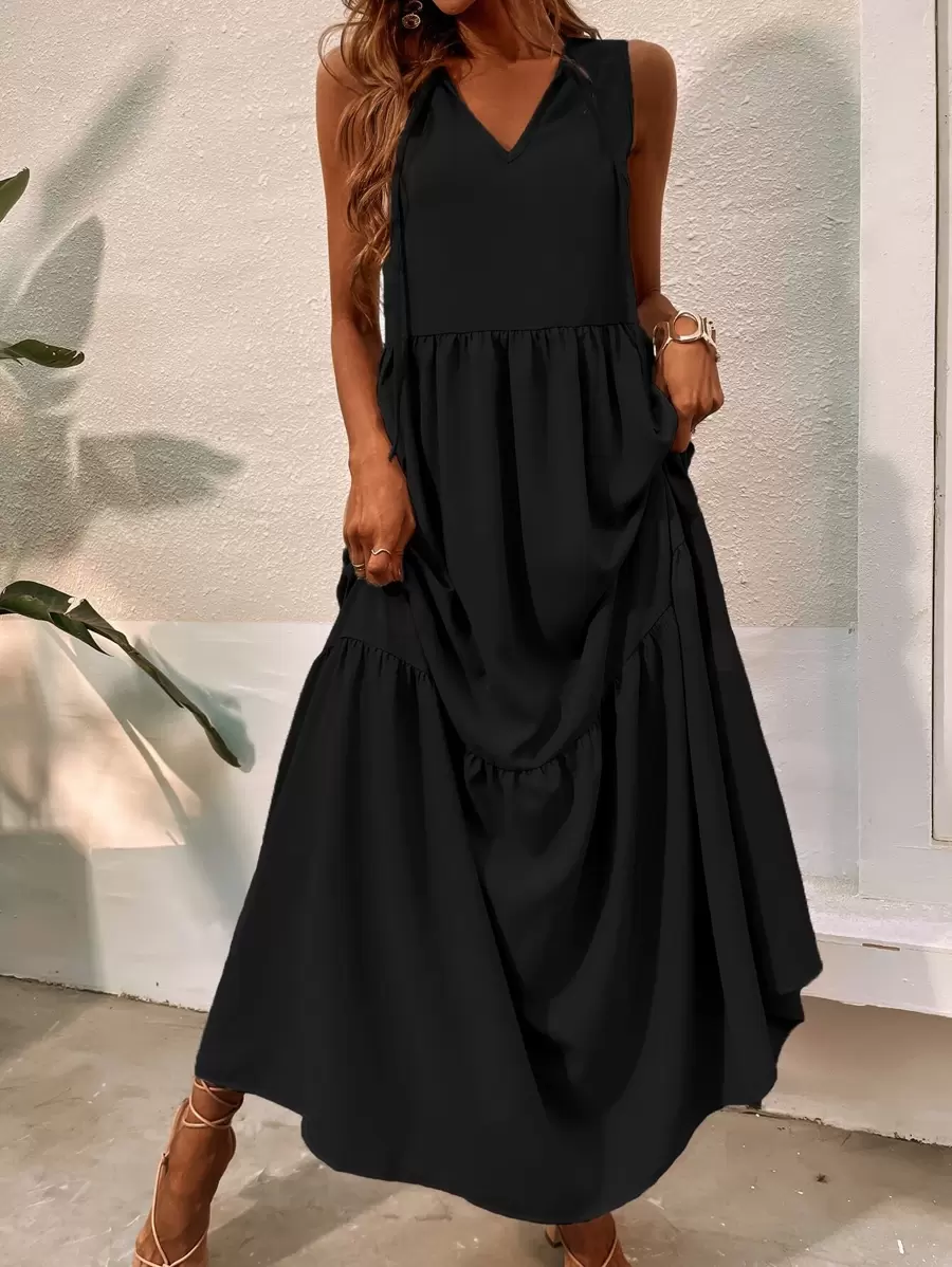 SHEIN LUNE Tie Front Ruffle Hem Dress - Black - View 1