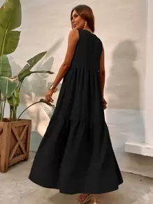 SHEIN LUNE Tie Front Ruffle Hem Dress - Black - View 2